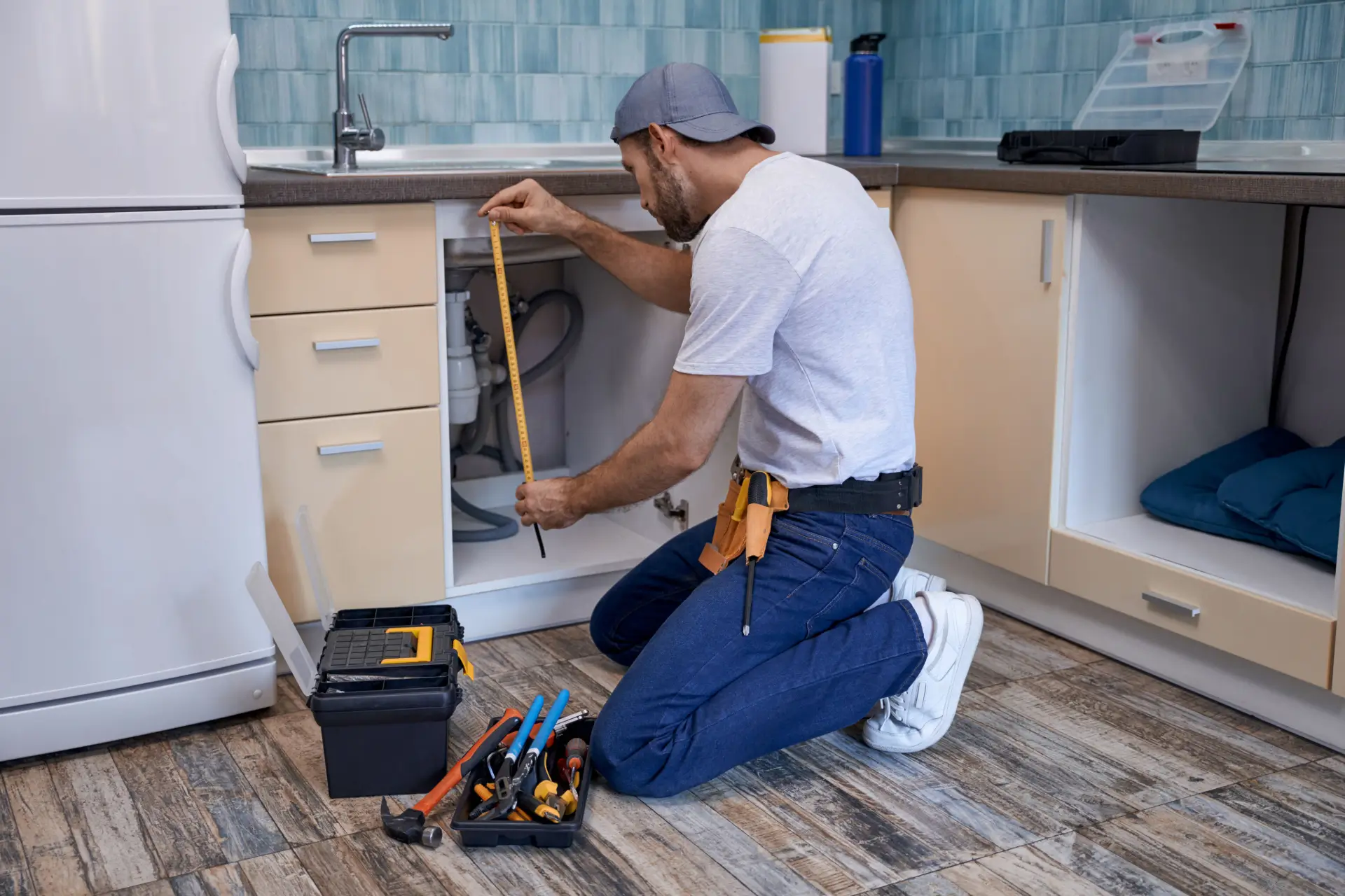 measuring to install garbage disposal Plumber kneeling at an open kitchen sink cabinet, measuring the drain and supply lines with a tape measure before a kitchen plumbing repair, with his toolbox and tools on the floor.